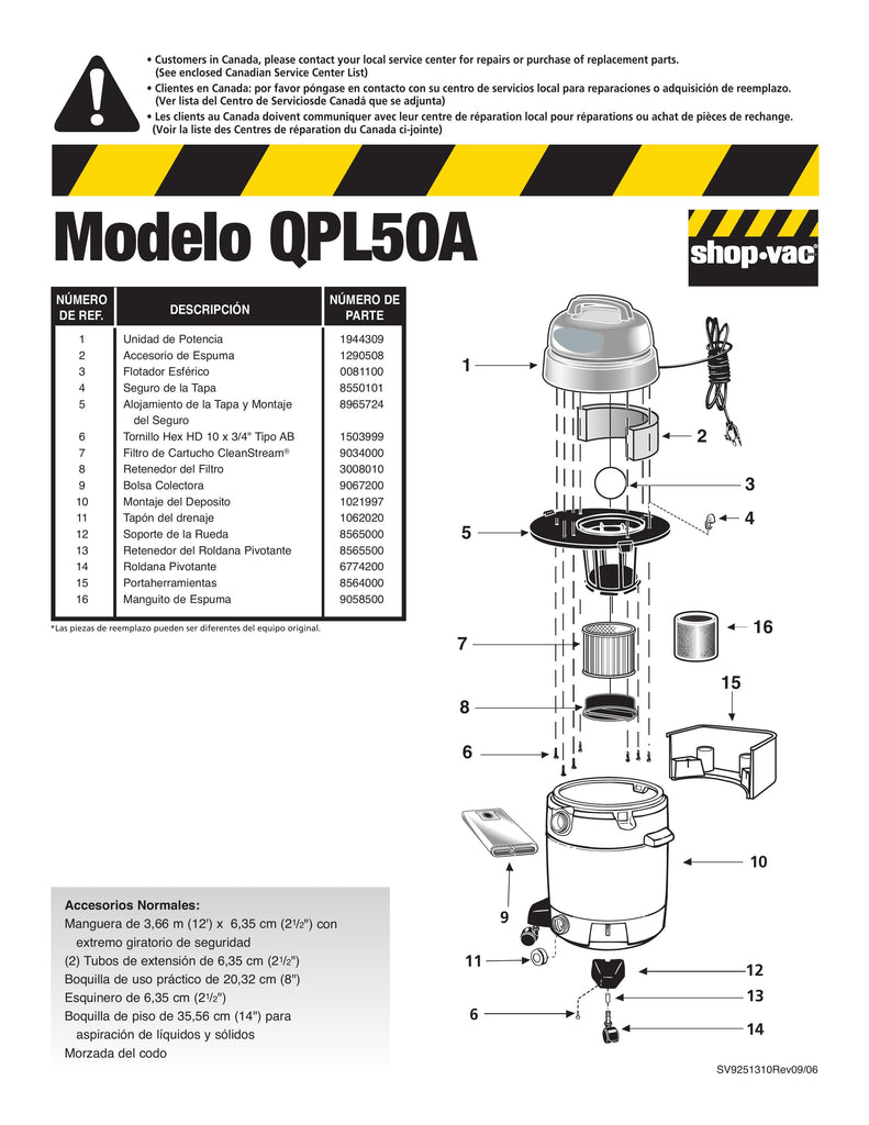 Shop-Vac Parts List for QPL50A Models (10 Gallon* Yellow / Black Industrial Vac)