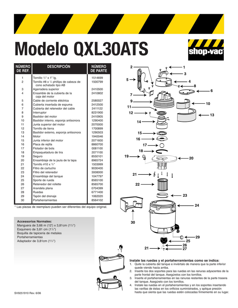 Shop-Vac Parts List for QXL30ATS Models (12 Gallon* Yellow / Black Industrial Vac w/Rear Basket Dolly)