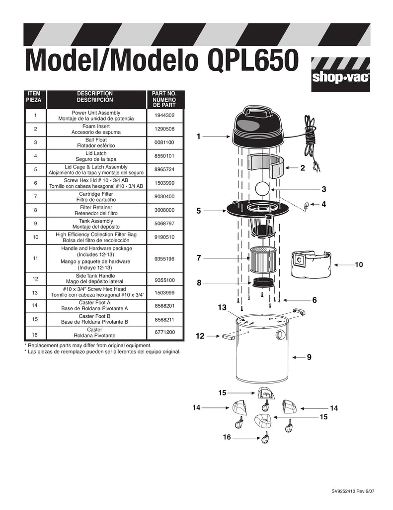 Shop-Vac Parts List for QPL650 Models (6 Gallon* Black / Stainless Steel Vac w/ 4 caster feet)