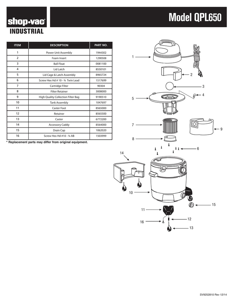 Shop-Vac Parts List for QPL650 Models (8 Gallon* Black / Yellow Industrial Vac)