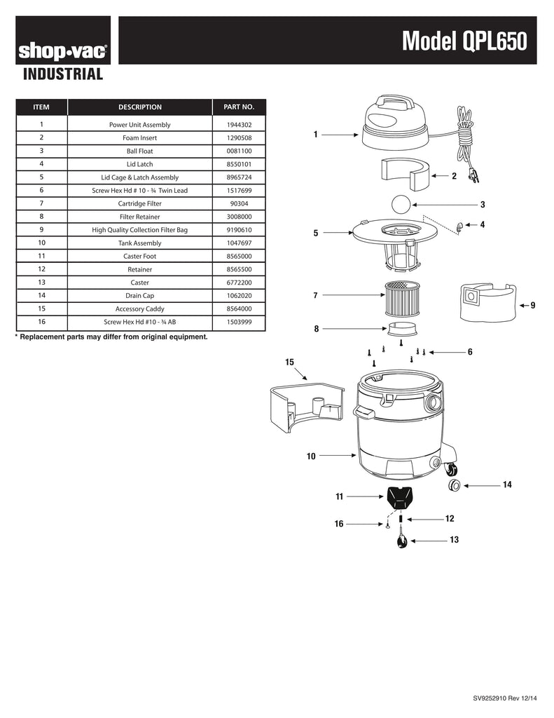 Shop-Vac Parts List for QPL650 Models (10 Gallon* Black / Yellow Industrial Vac)