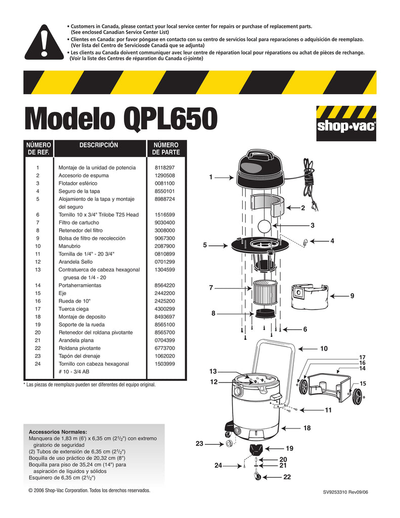 Shop-Vac Parts List for QPL650 Models (18 Gallon* Black / Yellow Industrial Vac w/10" rear wheels & carriage handle)