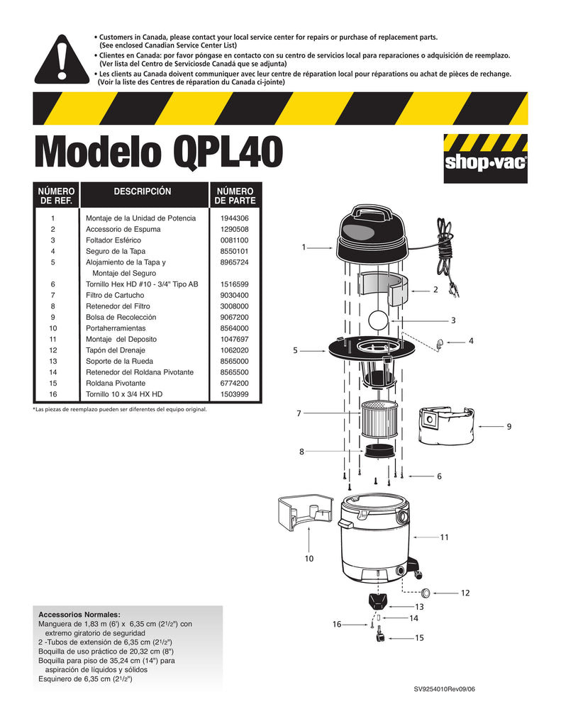 Shop-Vac Parts List for QPL40 Models (10 Gallon* Yellow / Black Vac)