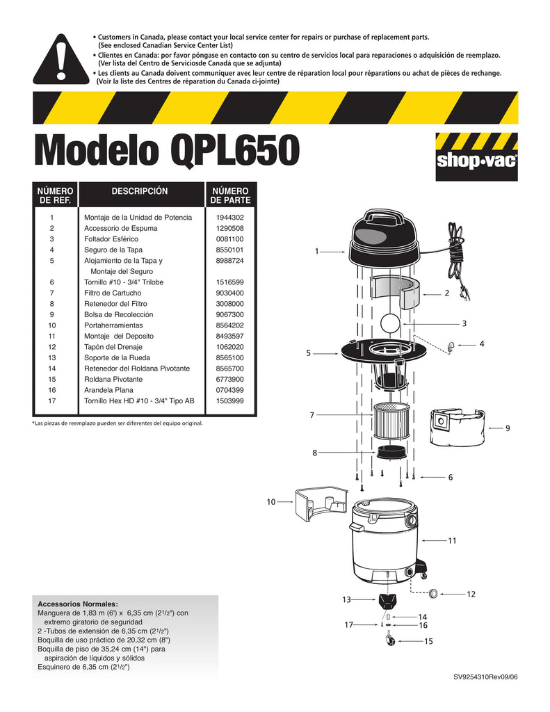 Shop-Vac Parts List for QPL650 Models (18 Gallon* Black / Yellow Industrial Vac w/basket & casters)