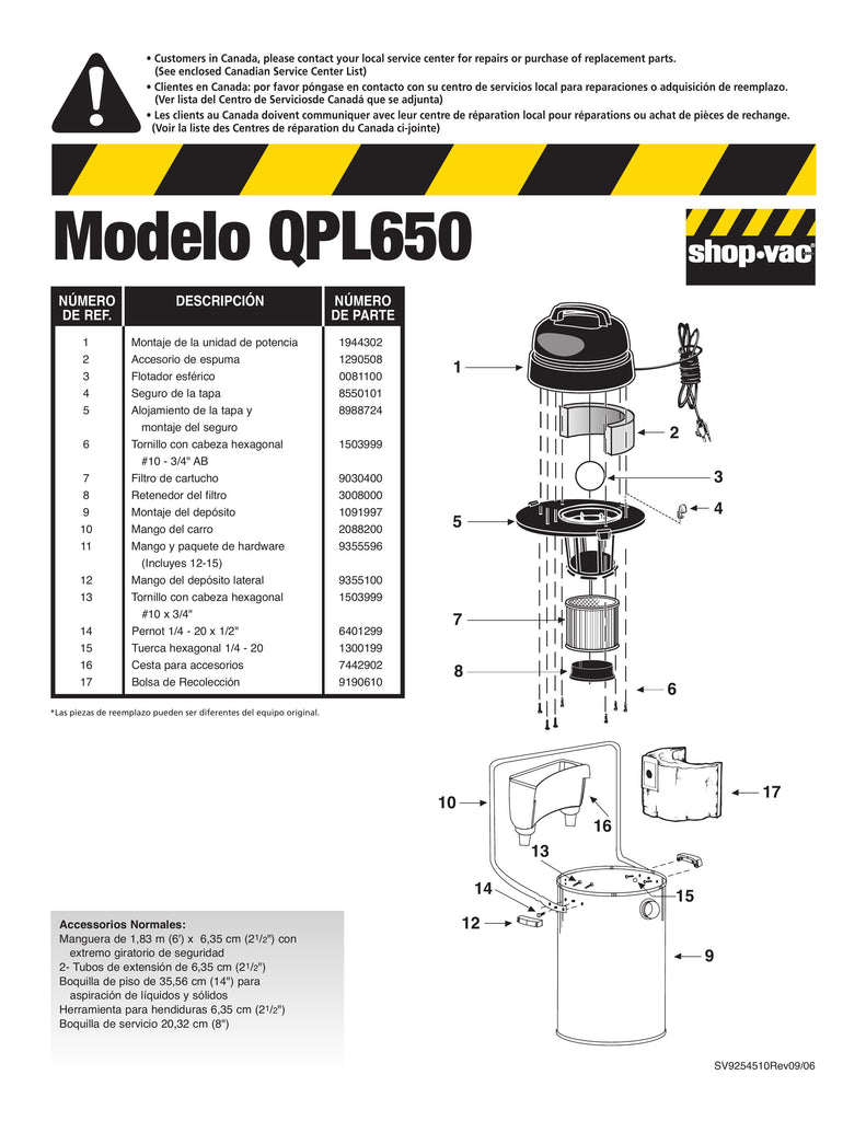 Shop-Vac Parts List for QPL650 Models (10 Gallon* Black / Stainless Steel Vac w/ 3 wheel dolly & carriage handle)