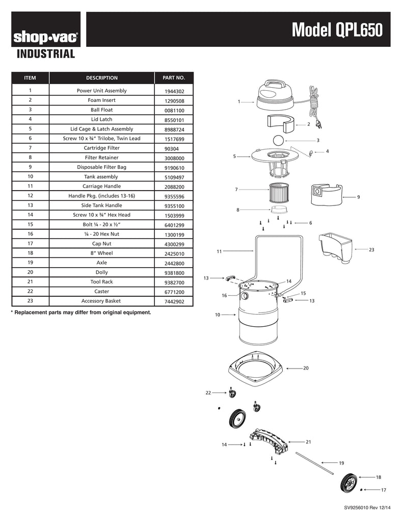 Shop-Vac Parts List for QPL650 Models (10 Gallon* Black / Stainless Steel Vac w/ full circumference dolly & carriage handle)