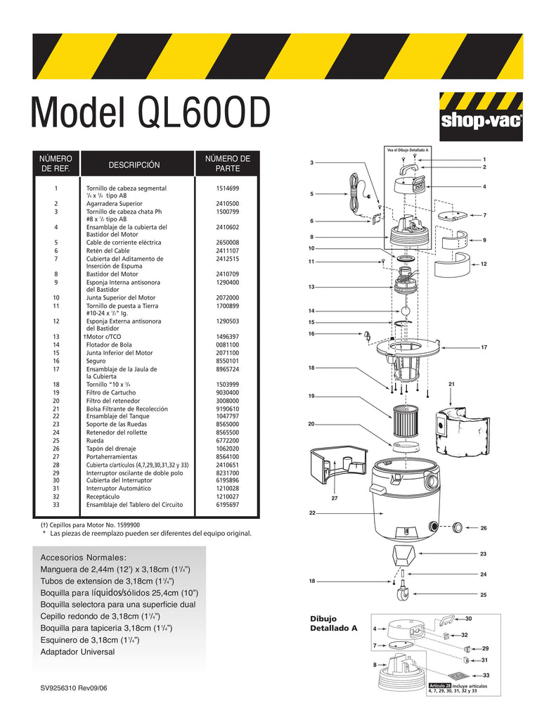 Shop-Vac Parts List for QL60OD Models (12 Gallon* Yellow / Black OnDemand Industrial Vac)