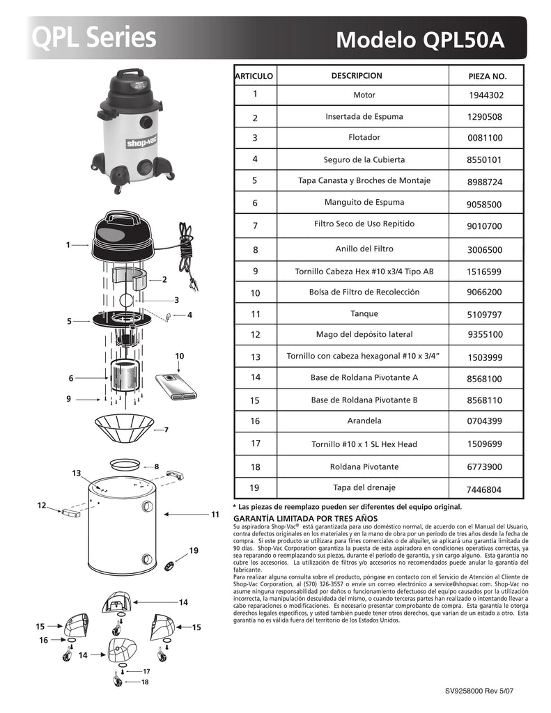Shop-Vac Parts List for QPL50A Models (10 Gallon* Black / Stainless Steel Vac)