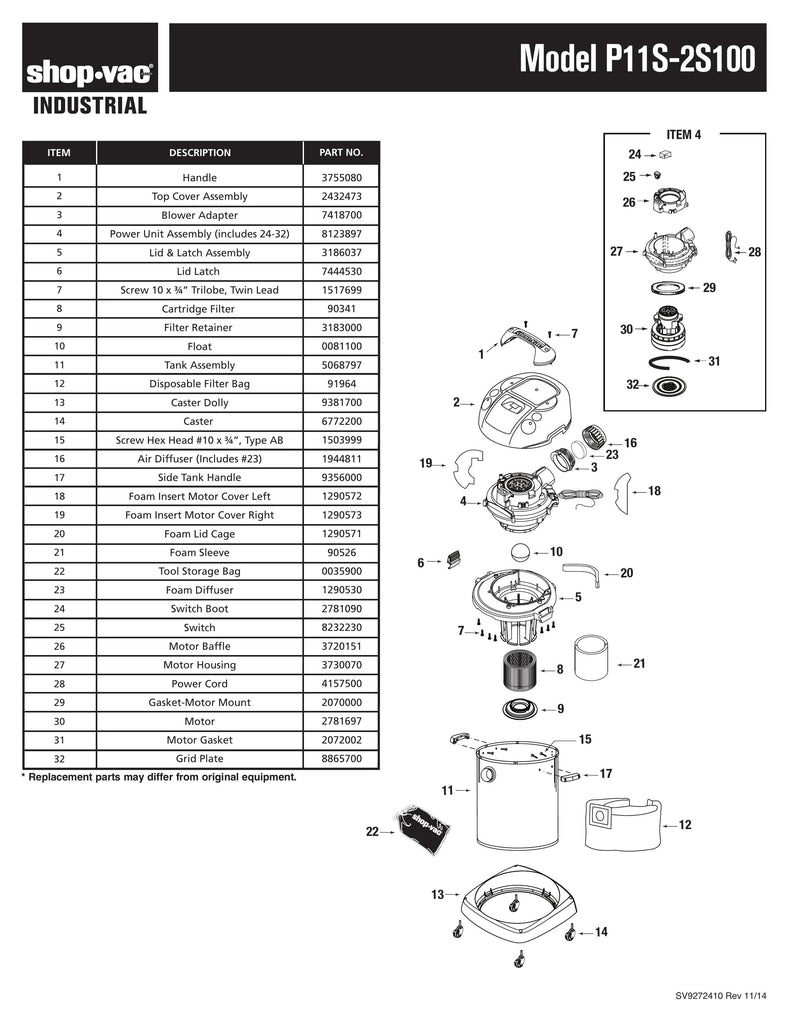 Shop-Vac Parts List for P11S-2S100 Models (4 Gallon* Black / Stainless Steel Industrial Long Life Vac)