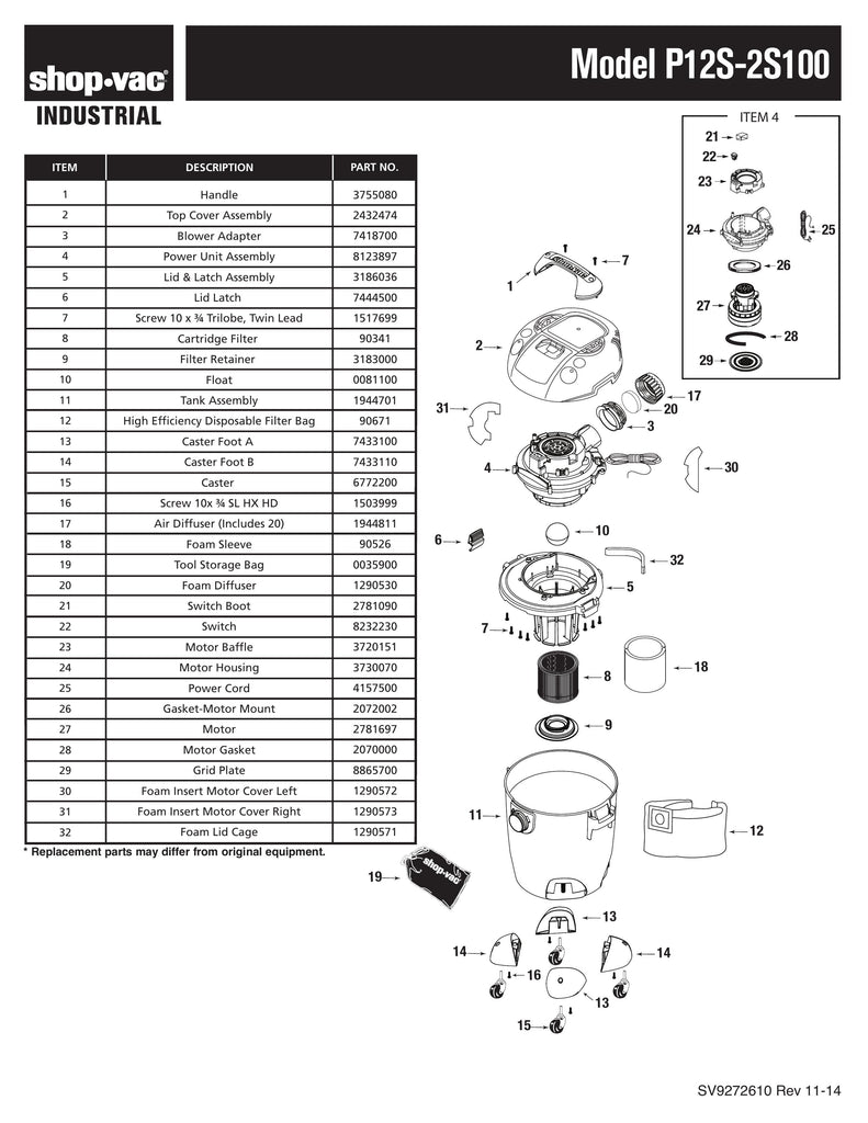 Shop-Vac Parts List for P12S-2S100 Models (6 Gallon* Yellow / Black Industrial Long Life Vac)