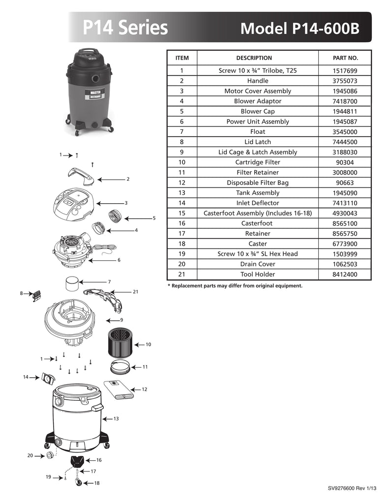 Shop-Vac Parts List for P14-600B Models (16 Gallon* Gray / Black Vac)