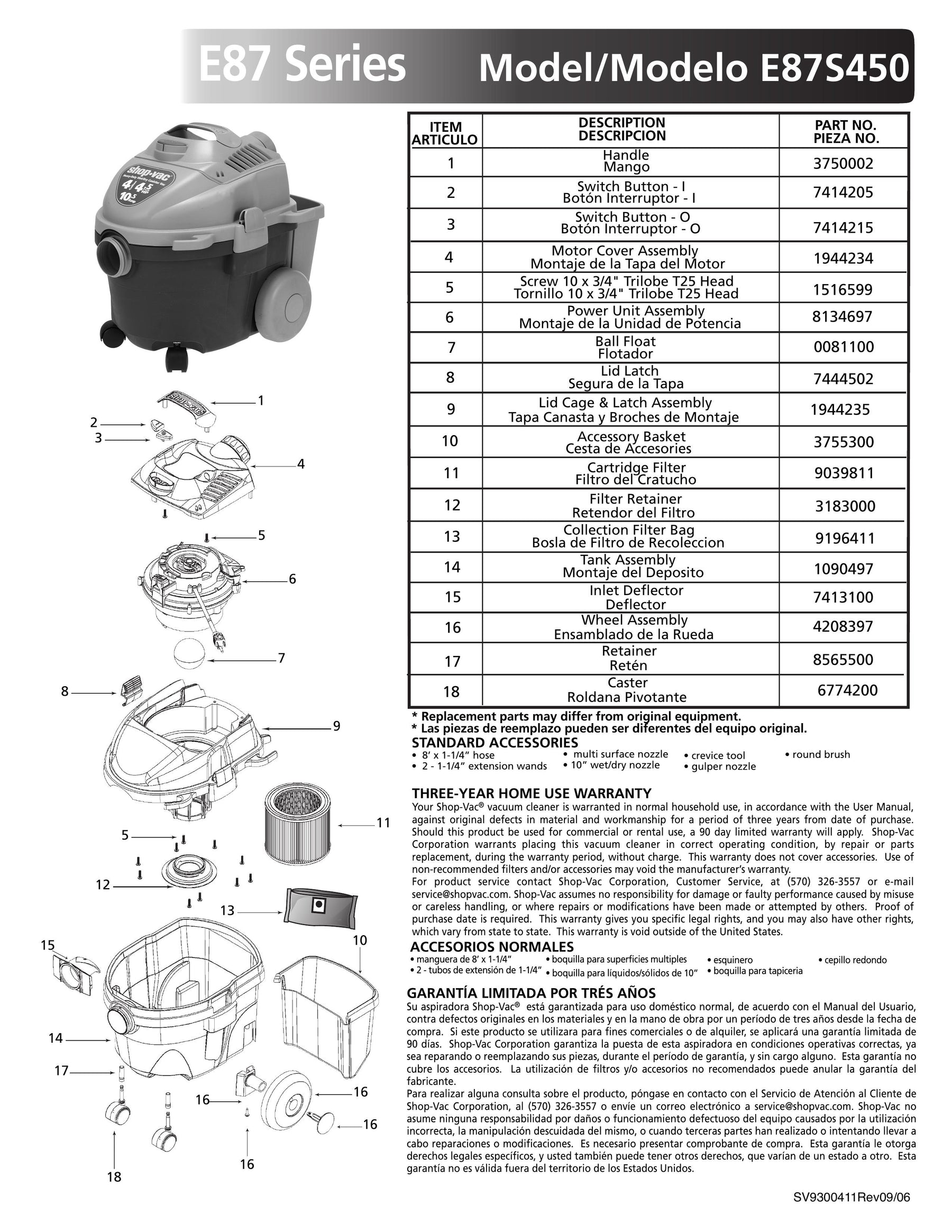 ShopVac Parts List for E87S450 Models (4 Gallon* Blue / Black FloorMa
