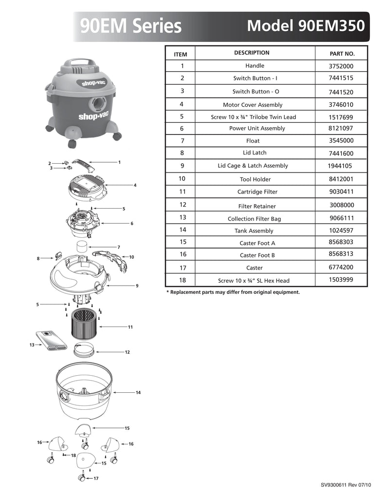 Shop-Vac Parts List for 90M300 Models (6 Gallon* Blue / Gray Vac w/ Tank Containing Slots for Feet)