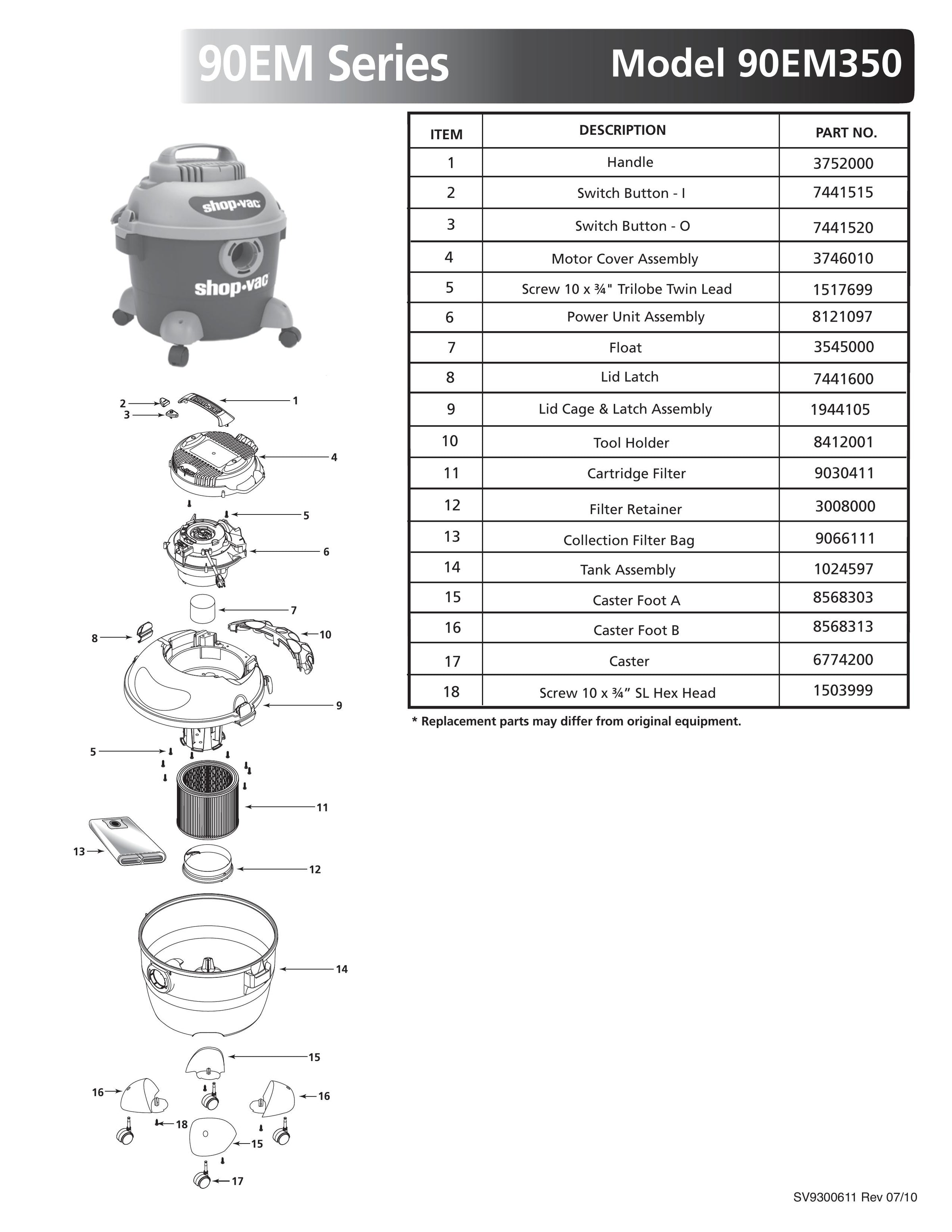 Shop-Vac Parts List for 90M300 Models (6 Gallon* Blue / Gray Vac w