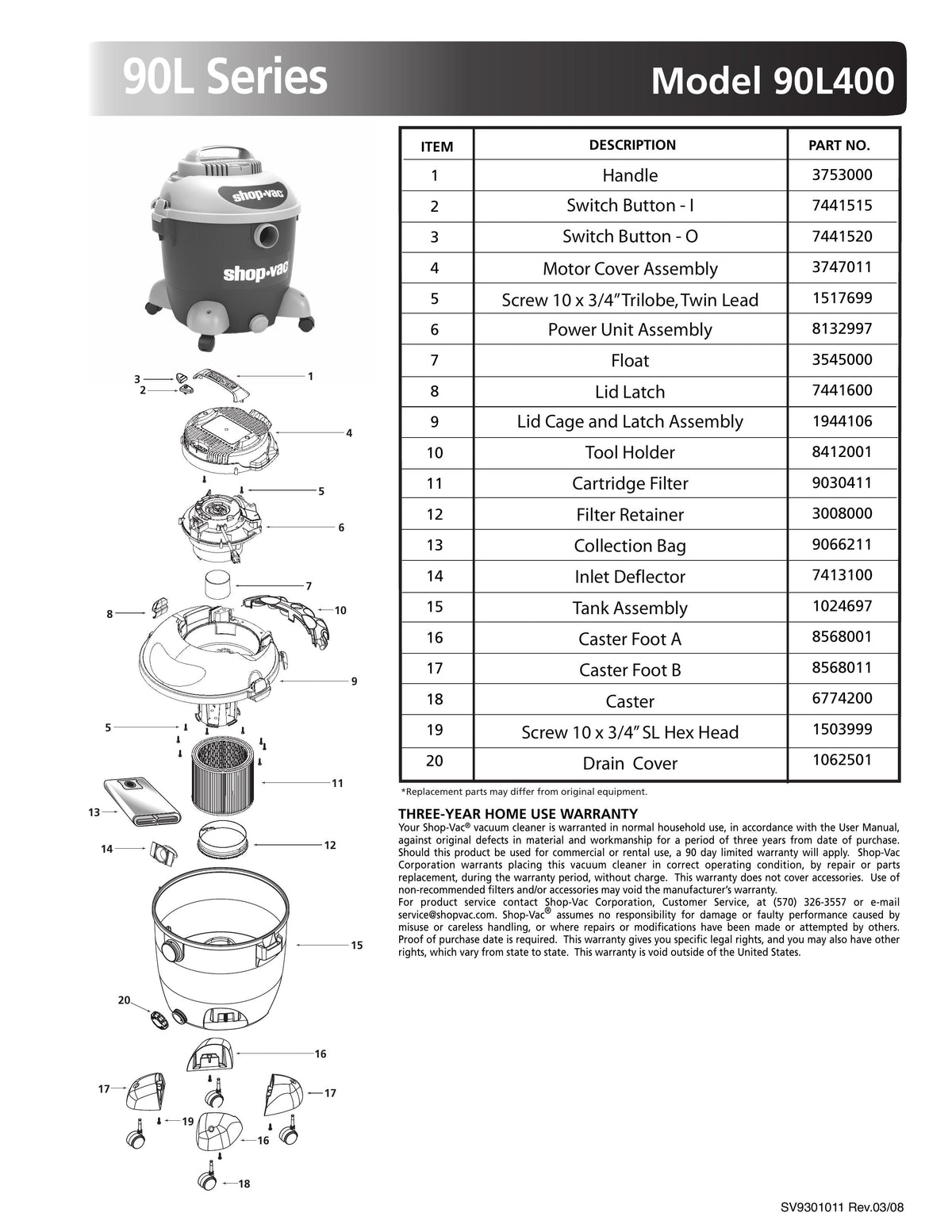 ShopVac Parts List for 90L400 Models (10 Gallon* Blue / Gray Vac w/ F ShopVac Store