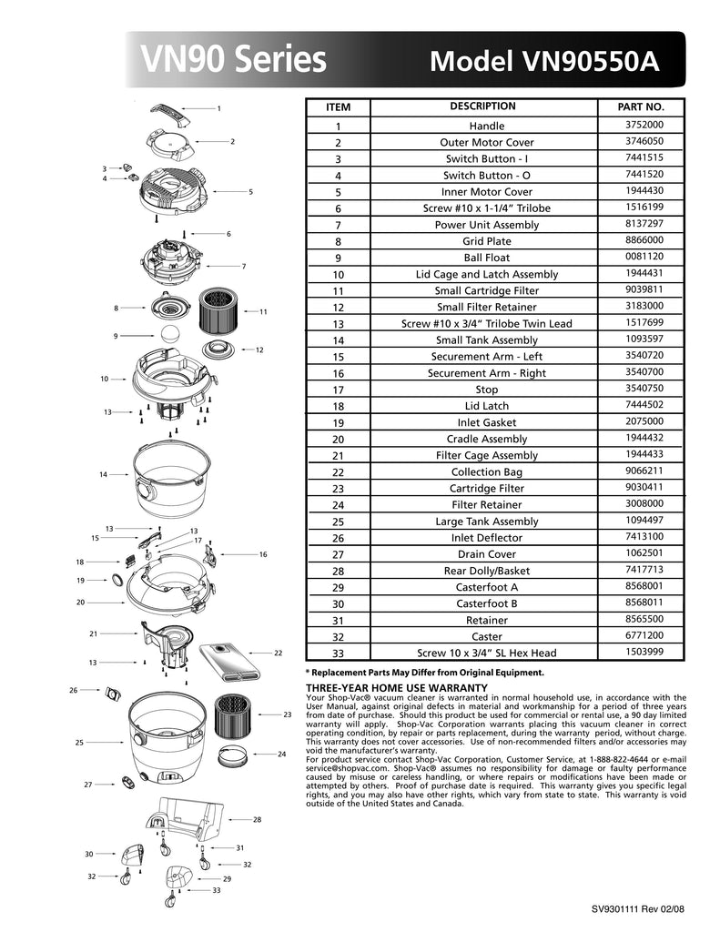 Shop-Vac Parts List for VN90550A Models (14 Gallon* Blue / Gray VacNVac®)