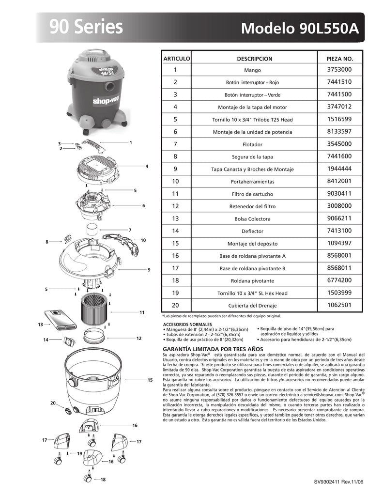 Shop-Vac Parts List for 90L550A Models (14 Gallon* Blue / Gray Vac)
