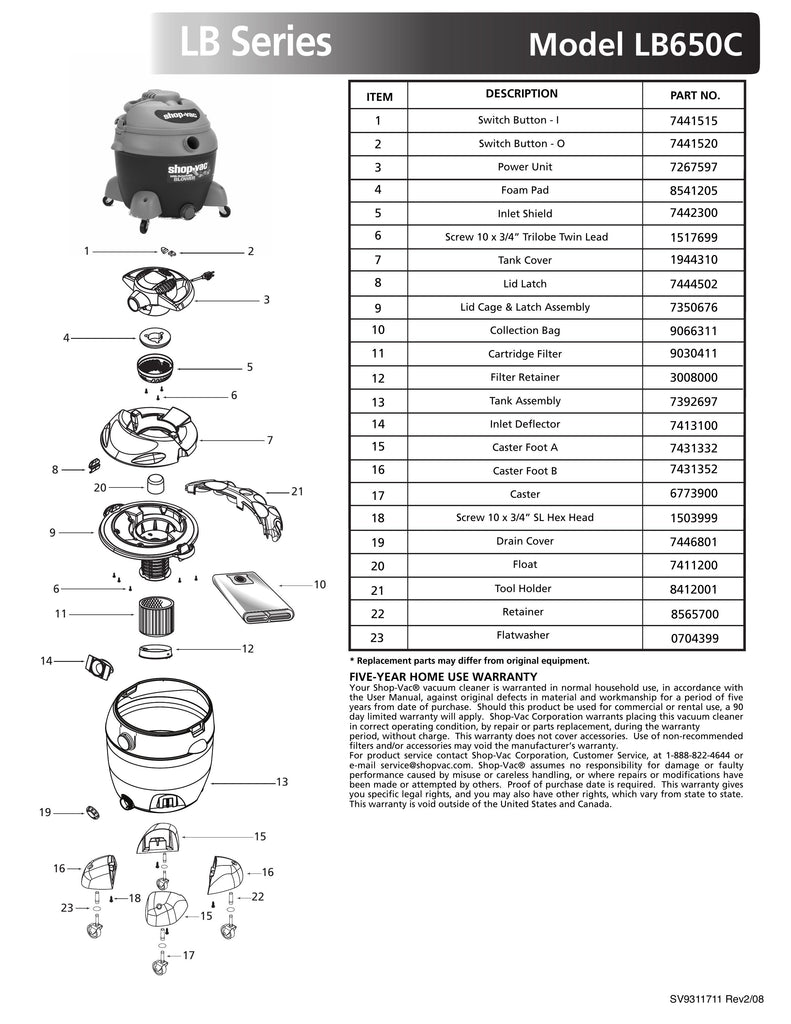 Shop-Vac Parts List for LB650C Models (16 Gallon* Blower Vac)