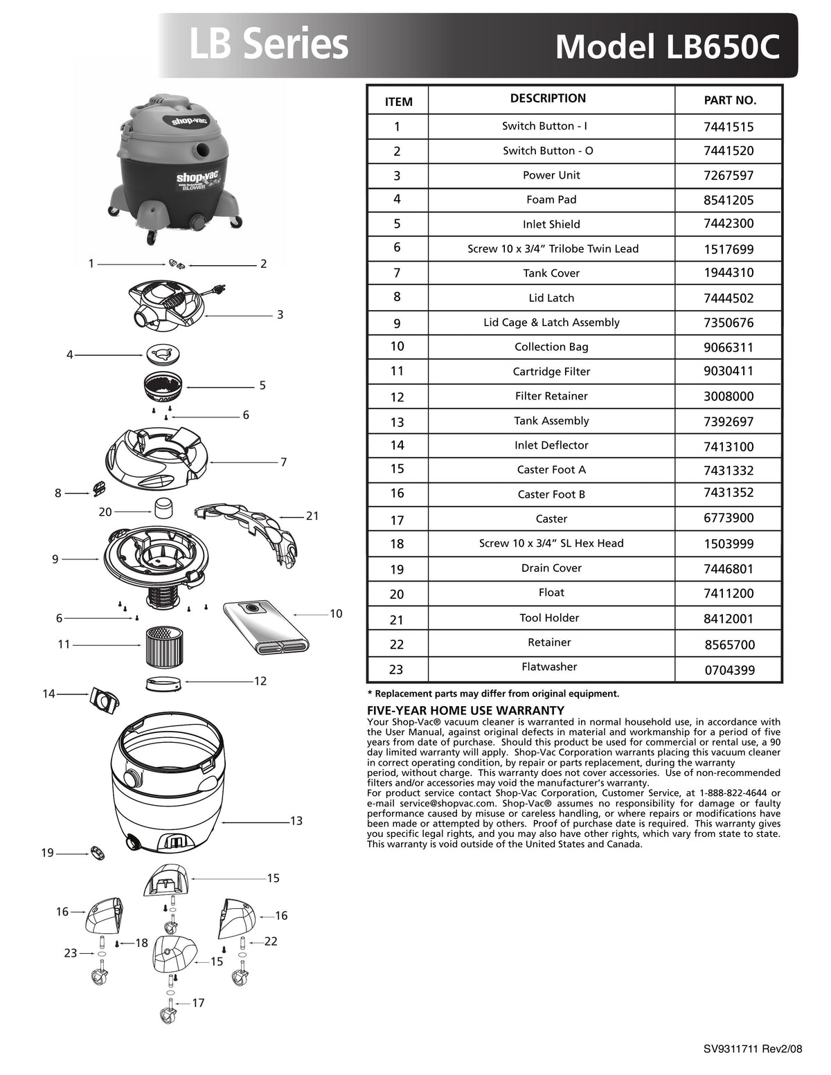 ShopVac Parts List for LB650C Models (16 Gallon* Blower Vac) Shop