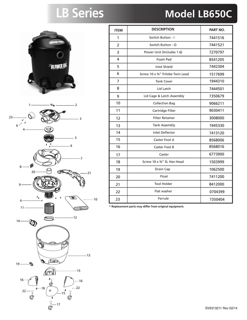 Shop-Vac Parts List for LB650C Models (12 Gallon* Blower Vac)
