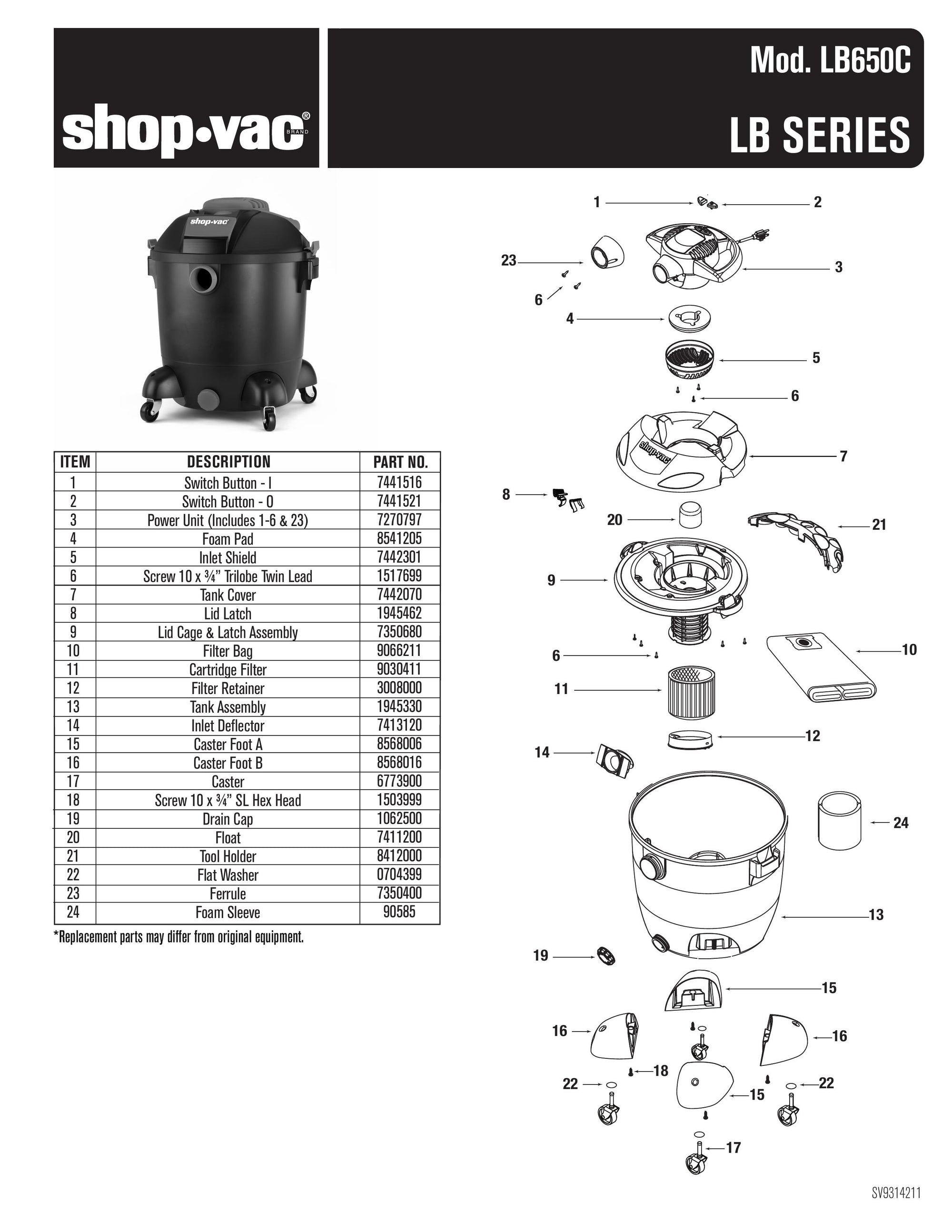 ShopVac Parts List for LB650C Models (12 Gallon* Blower Vac w/ Red Pl