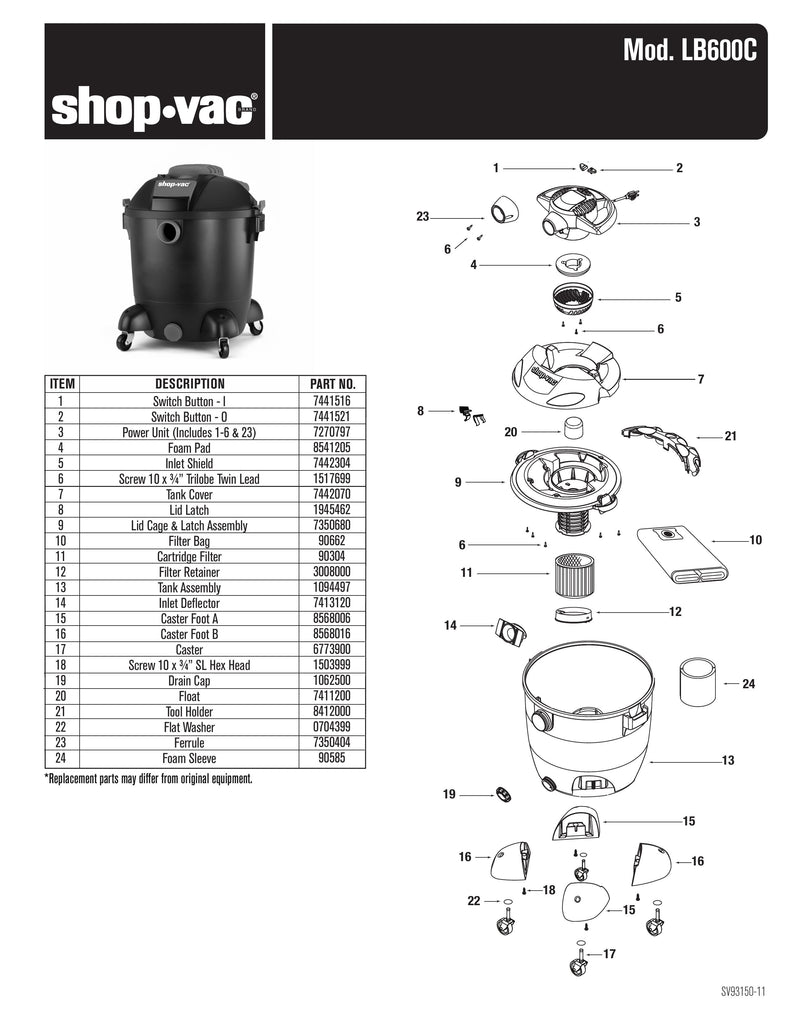 Shop-Vac Parts List for LB600C Models (12 Gallon* Black / Red Blower Vac)