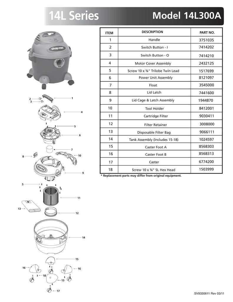 Shop-Vac Parts List for 14L300A Models (6 Gallon* Blue / Gray Vac)