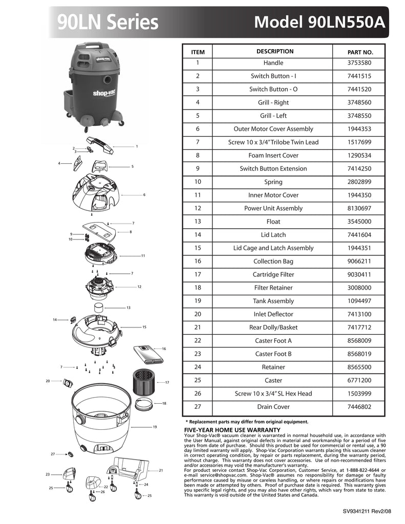 Shop-Vac Parts List for 90LN550A Models (14 Gallon* Blue / Gray Vac)