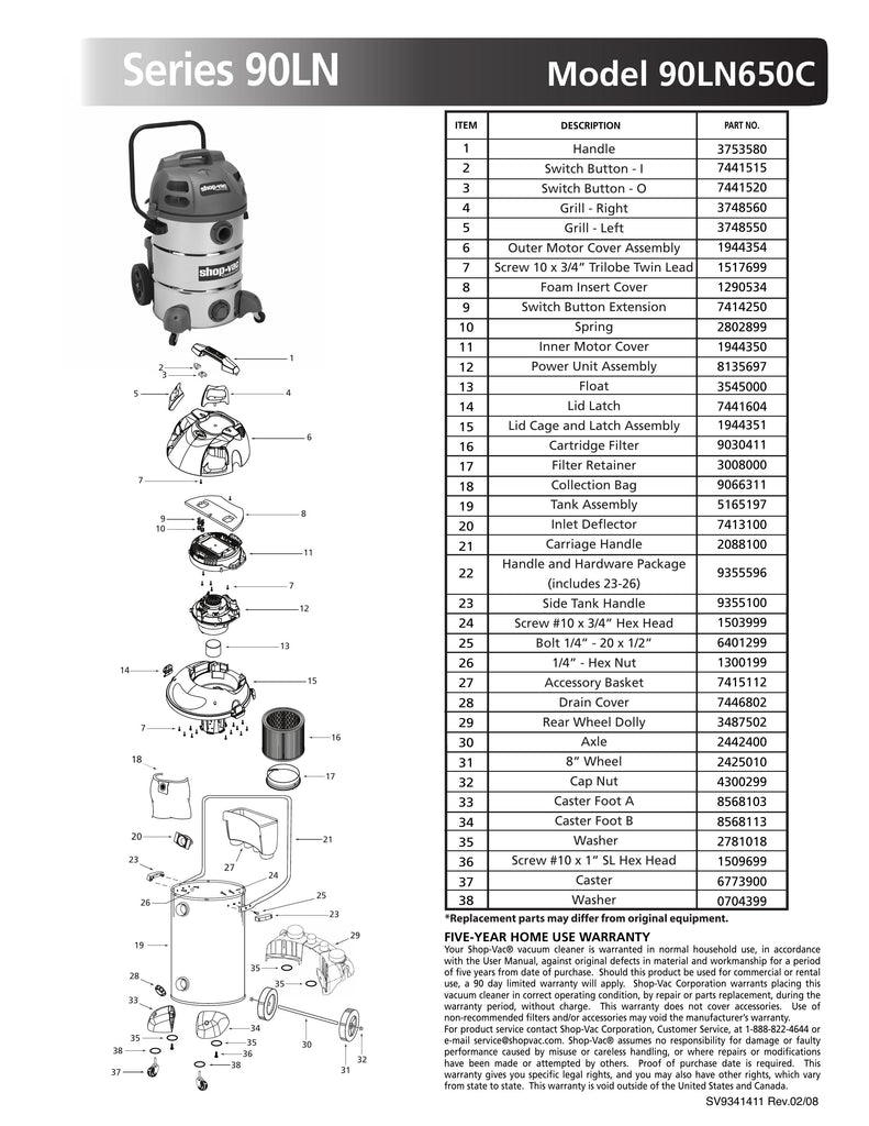 Shop-Vac Parts List for 90LN650C Models (16 Gallon* Gray / Stainless Steel Vac)