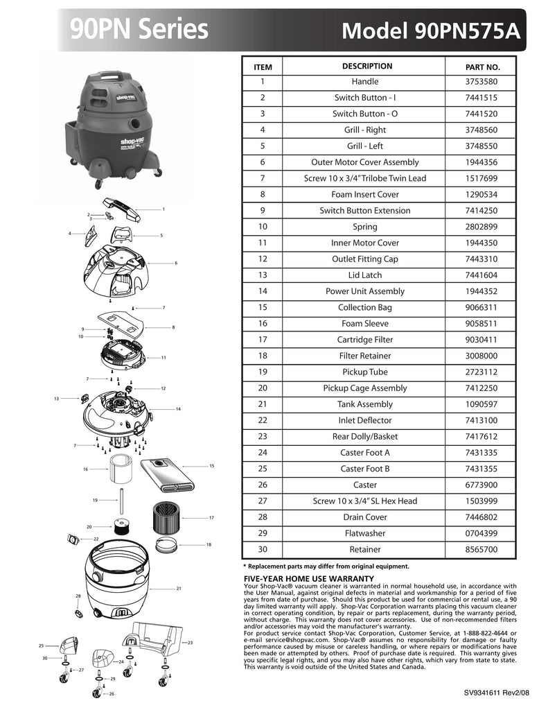 Shop-Vac Parts List for 90PN575A Models (16 Gallon* Blue / Gray Pump Vac)
