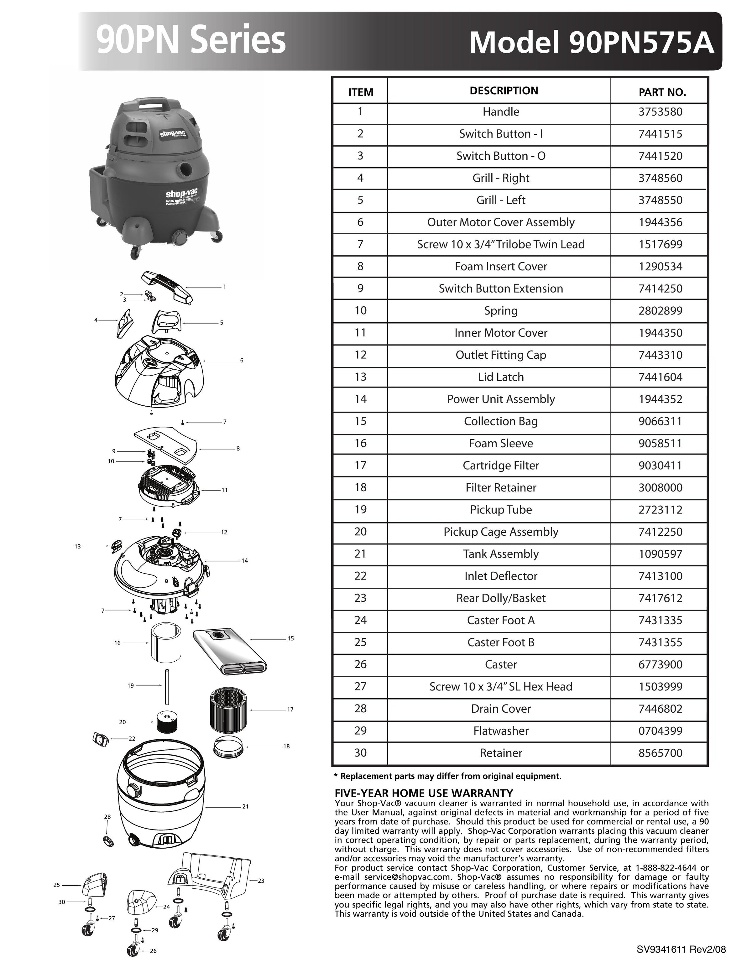 Shop-Vac Parts List for 90PN575A Models (16 Gallon* Blue
