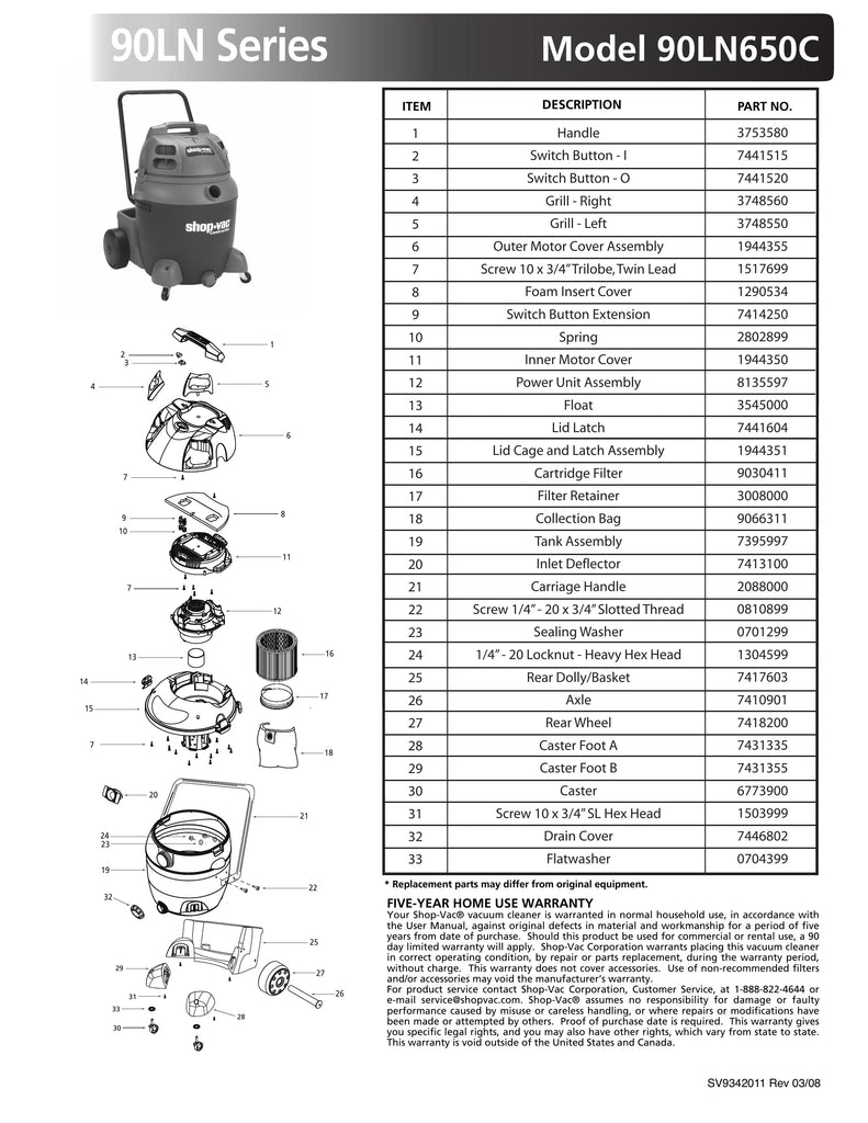 Shop-Vac Parts List for 90LN650C Models (20 Gallon* Blue / Gray Vac)