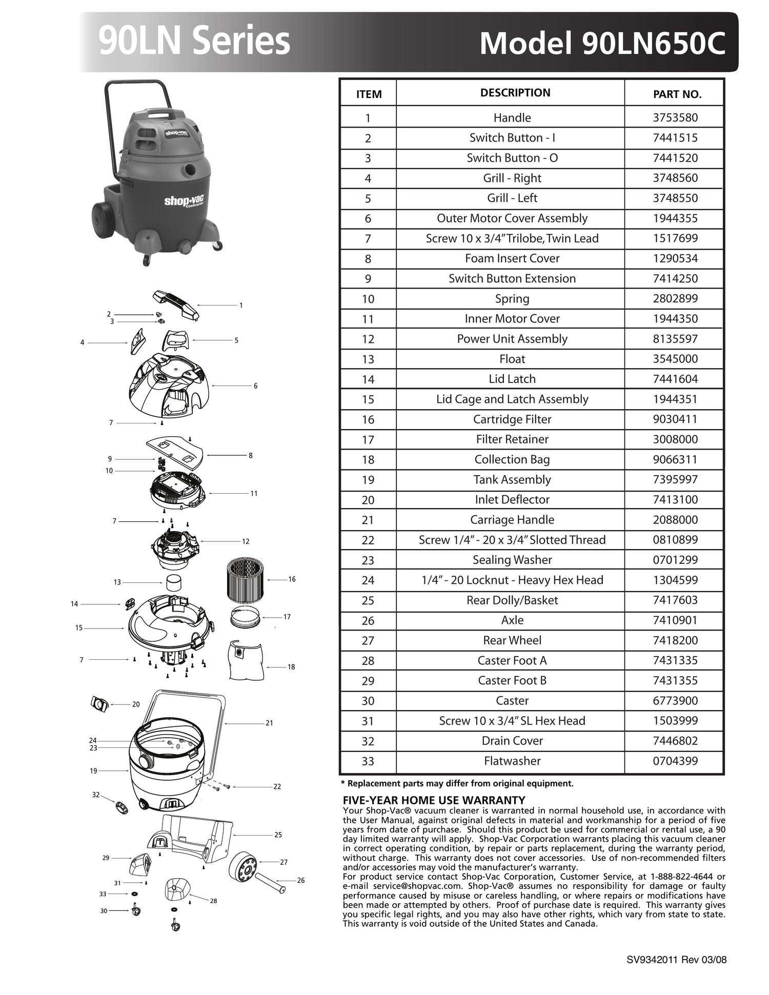 ShopVac Parts List for 90LN650C Models (20 Gallon* Blue / Gray Vac
