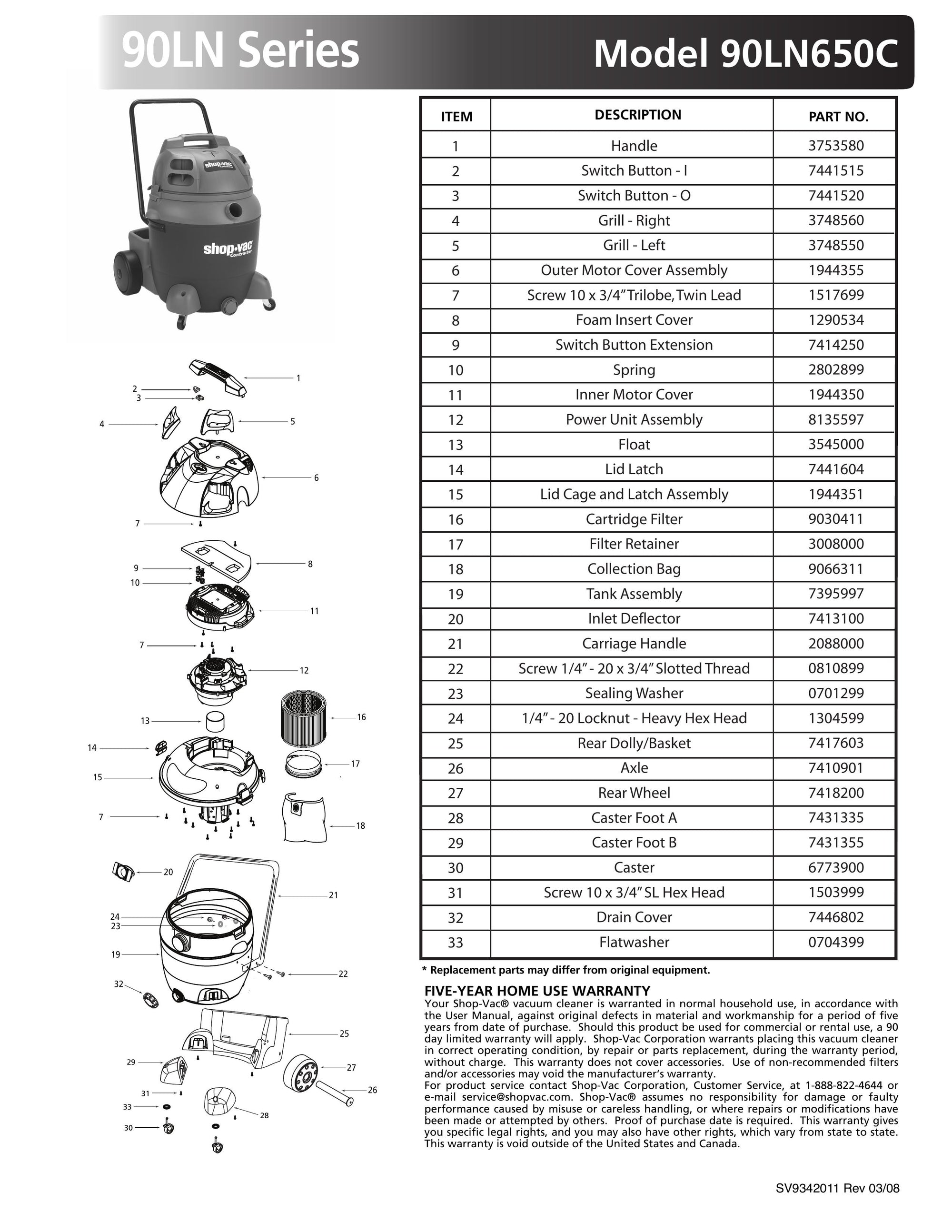 ShopVac Parts List for 90LN650C Models (20 Gallon* Blue / Gray Vac