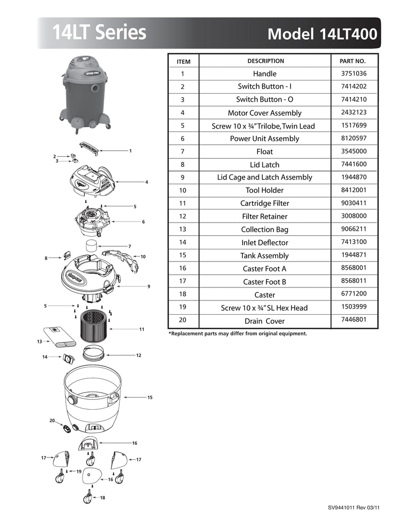 Shop-Vac Parts List for 14LT400 Models (10 Gallon* Blue / Gray Vac)