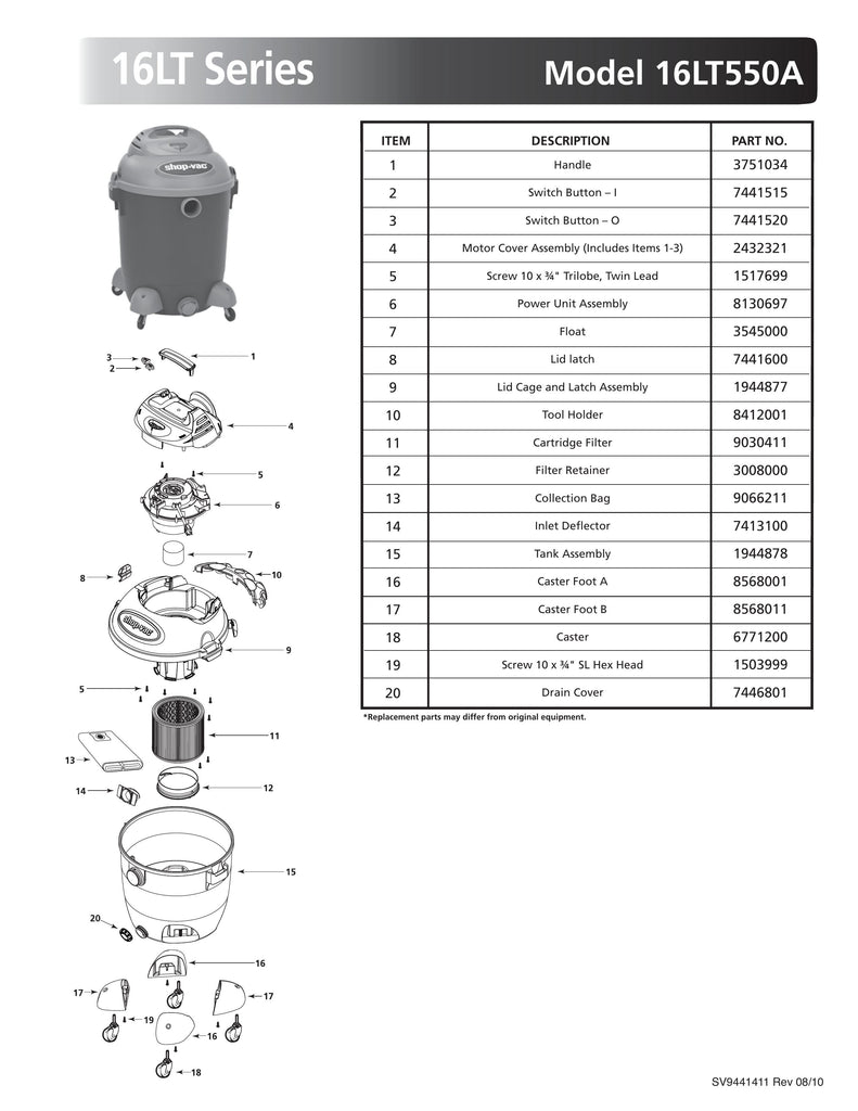 Shop-Vac Parts List for 16LT550A Models (14 Gallon* Blue / Gray Vac)
