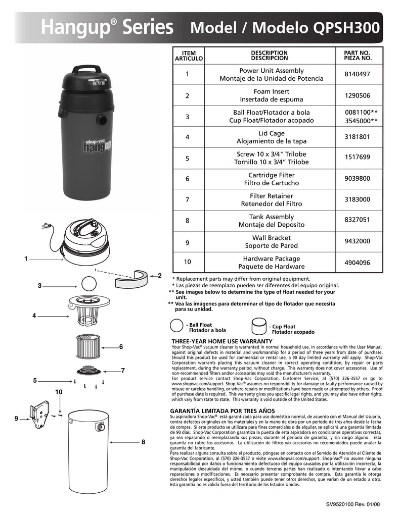 Shop-Vac Parts List for QPSH300 Models (3.5 Gallon* HangUp® Vac)