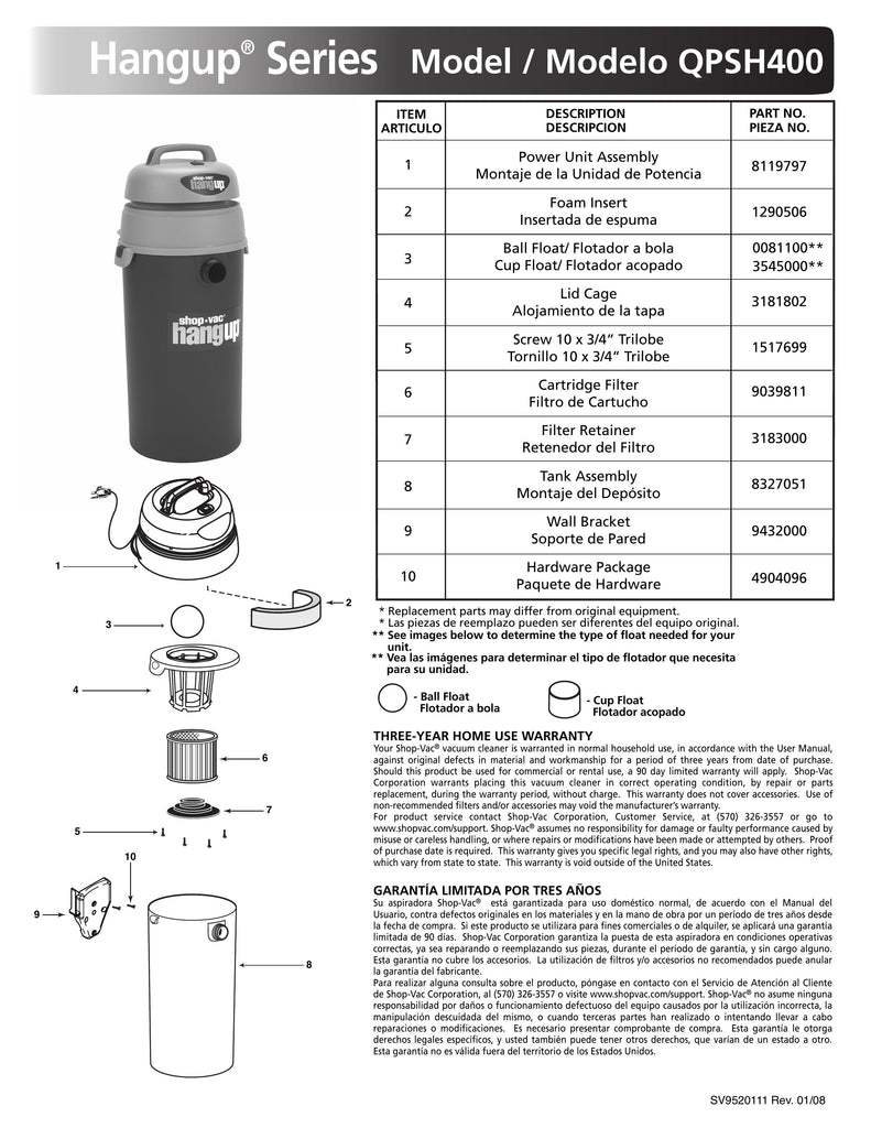 Shop-Vac Parts List for QPSH400 Models (3.5 Gallon* HangUp® Vac)