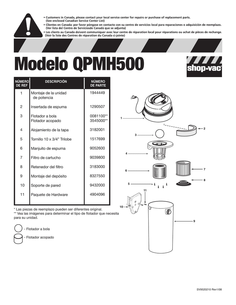 Shop-Vac Parts List for QPMH500 Models (5 Gallon* Yellow / Black Industrial HangUp® Vac)