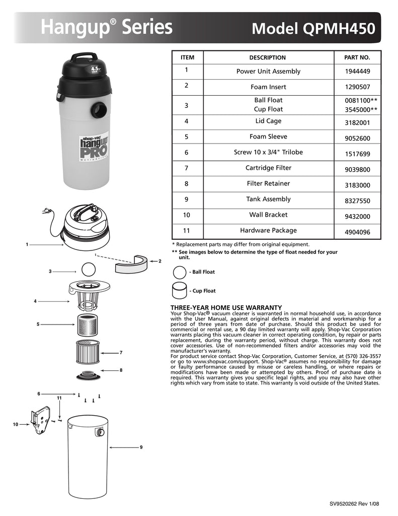 Shop-Vac Parts List for QPMH450 Models (5 Gallon* Yellow / Black HangUp® Vac)