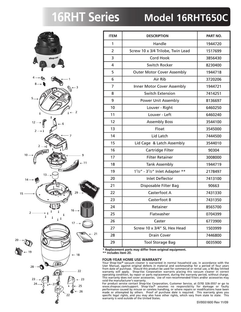 Shop-Vac Parts List for 16RHT650C Models (16 Gallon* Yellow / Black Vac)
