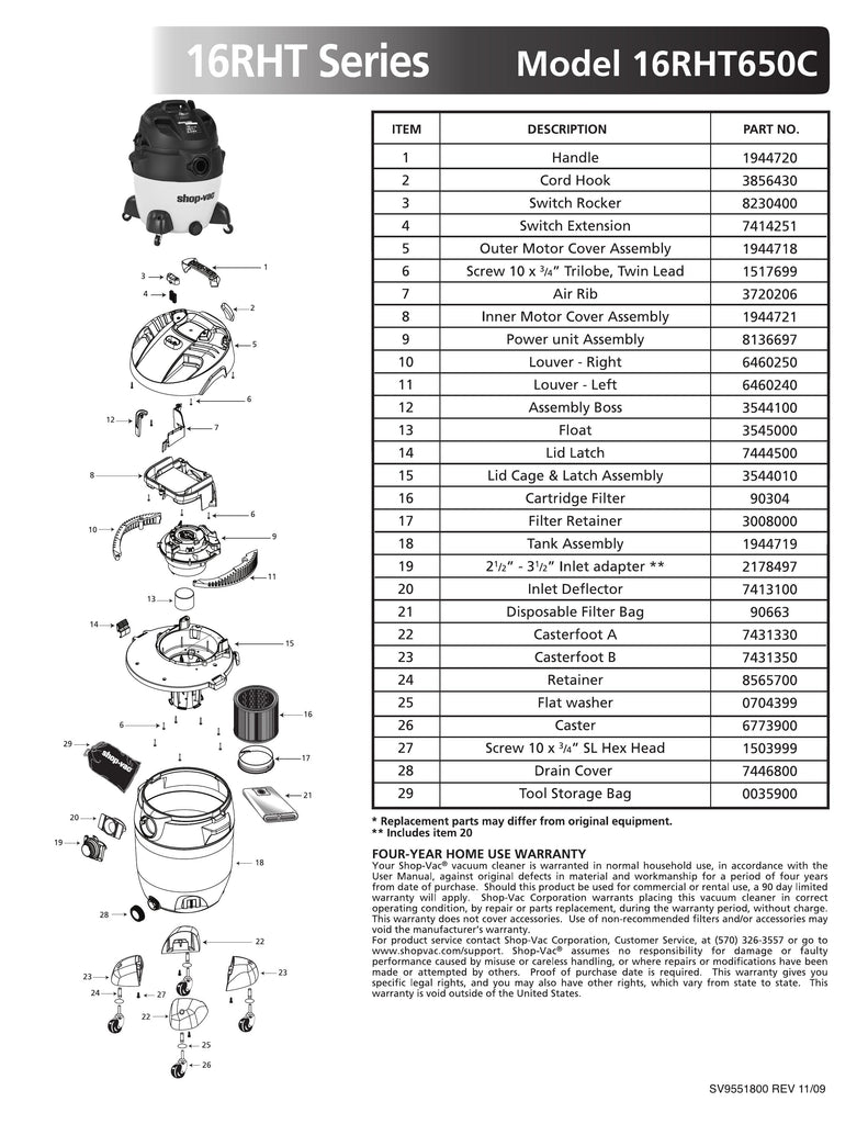 Shop-Vac Parts List for 16RHT650C Models (18 Gallon* Yellow / Black Vac)