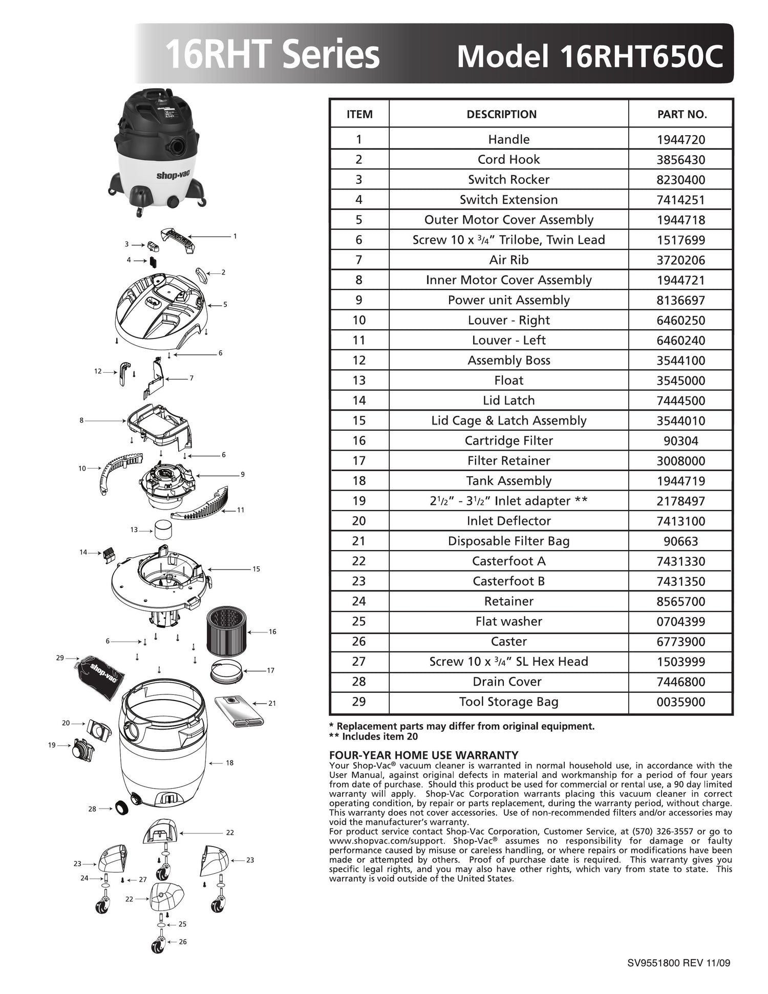 ShopVac Parts List for 16RHT650C Models (18 Gallon* Yellow / Black Va
