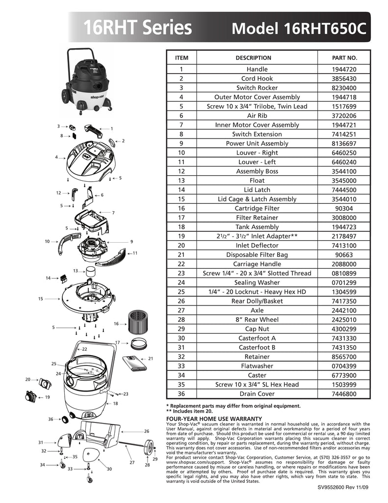 Shop-Vac Parts List for 16RHT650C Models (16 Gallon* Yellow / Black Vac w/Metal Transport Handle)