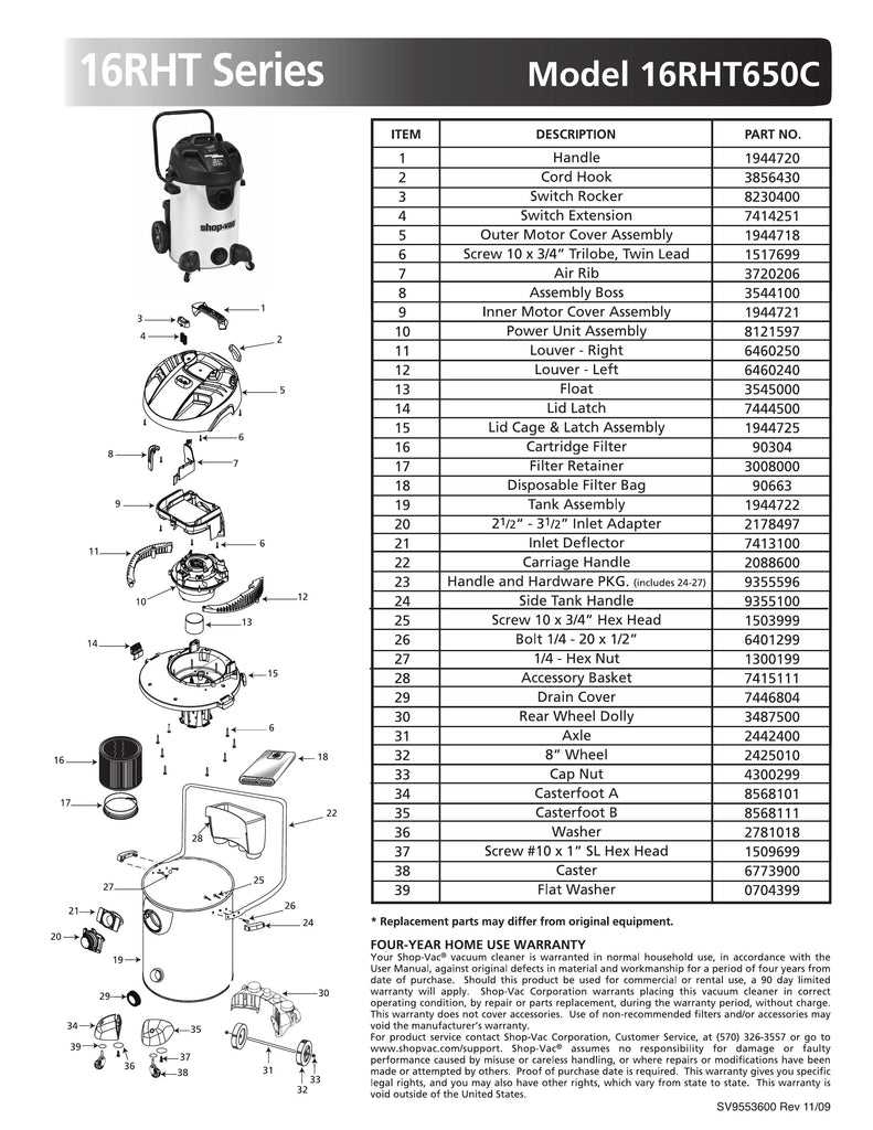 Shop-Vac Parts List for 16RHT650C Models (16 Gallon* Black / Stainless Steel Vac)