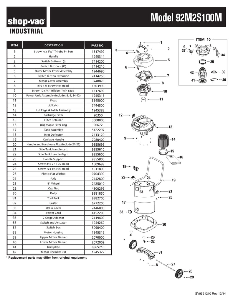 Shop-Vac Parts List for 92M2S100M Models (12 Gallon* Black / Stainless Steel Industrial Vac)