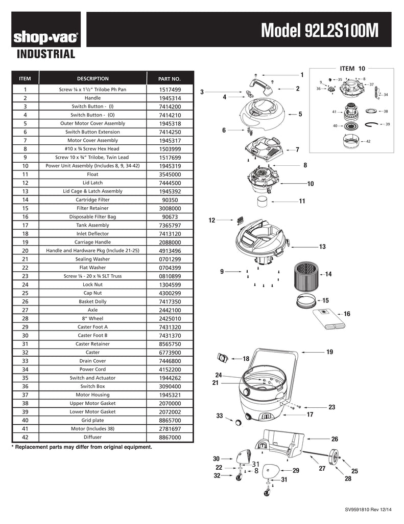 Shop-Vac Parts List for 92L2S100M Models (18 Gallon* Black / Yellow Industrial Vac)