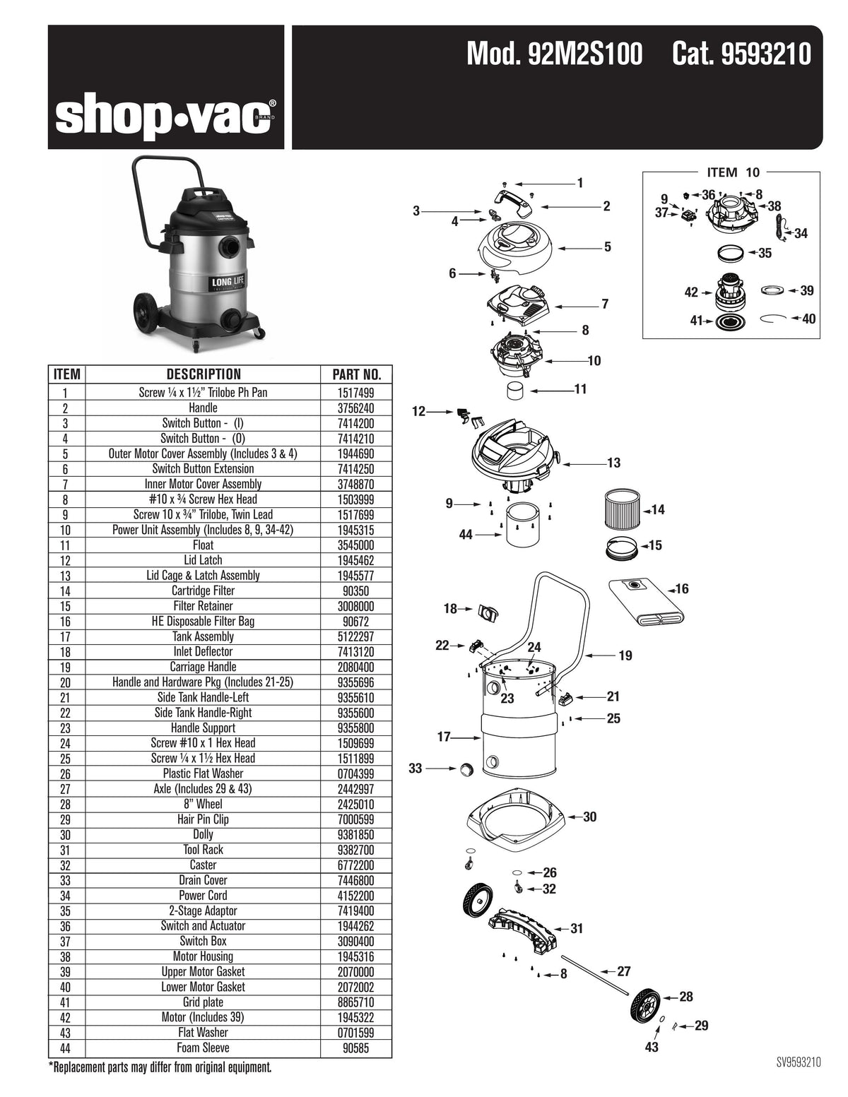 ShopVac Parts List for 92M2S100 Models 12 Gallon* 2.0 Peak