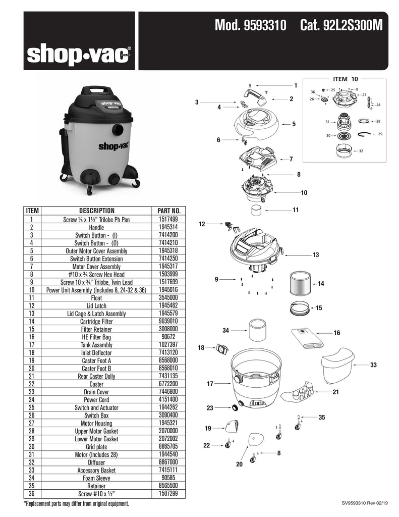 Shop-Vac Parts List for 92L2A300M Models (Shop-Vac 12 Gallon* 3.0 Peak HP** Two Stage Industrial Wet/Dry Vac)