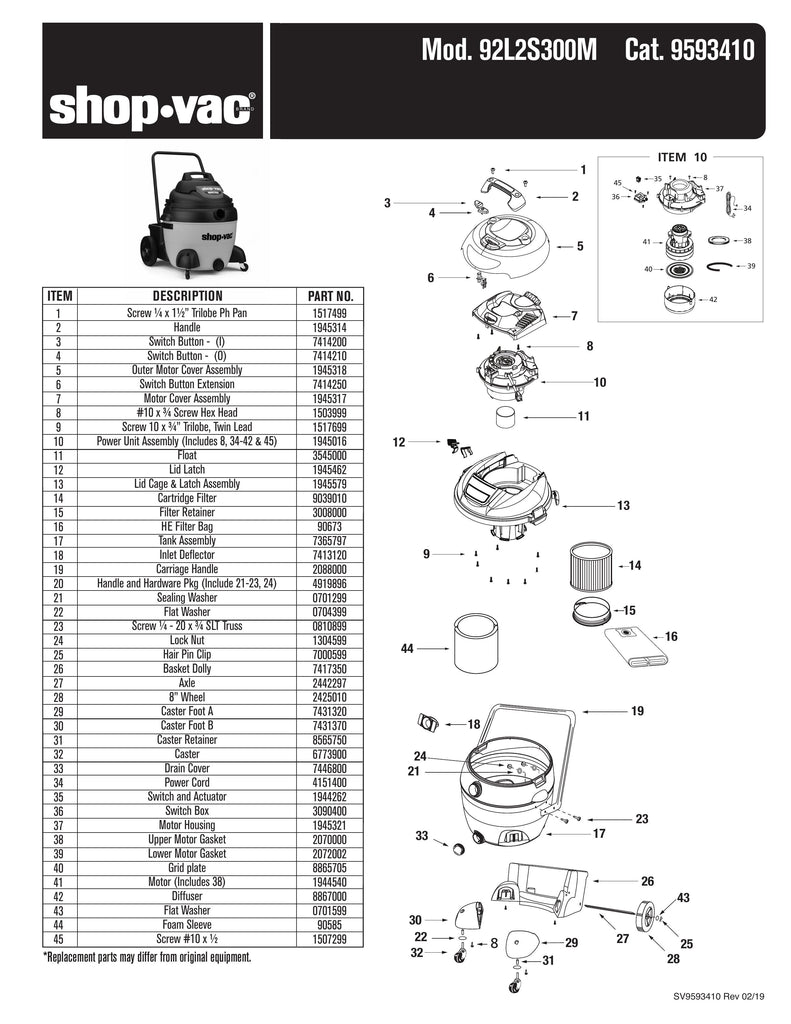 Parts, 16 Gallon 2-Stage Wet/Dry Shop Vac